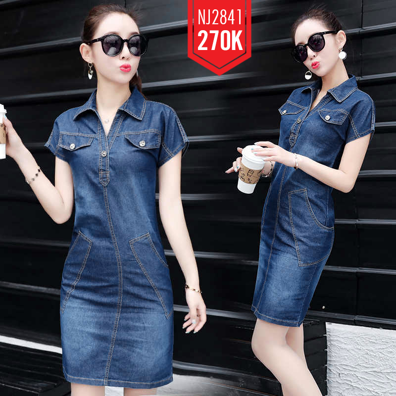 Đầm Jean Suông Cổ Sơ Mi Túi Xéo